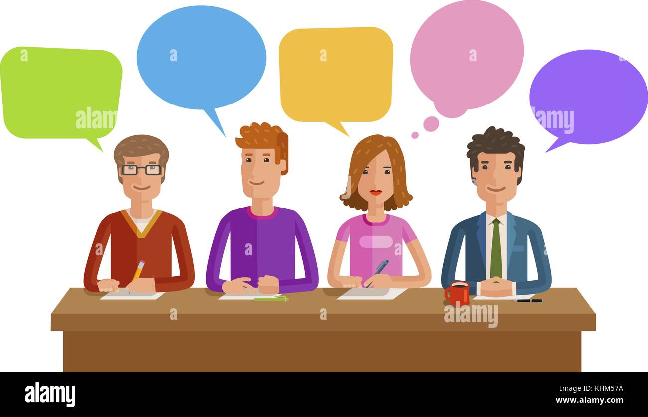 Lavoro di squadra, lavoro di squadra. Affari, istruzione, opinione pubblica, concetto di conferenza. Illustrazione vettoriale piatta Illustrazione Vettoriale