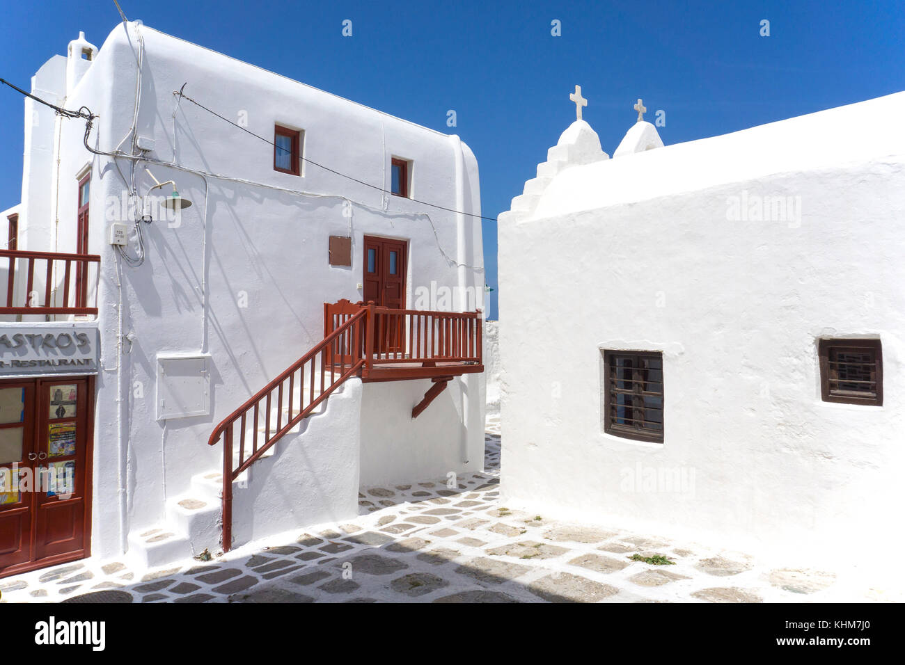 Retro della Panagia-chiesa Paraportiani, Mykonos-town, MYKONOS Isola, Cicladi, Egeo, Grecia Foto Stock