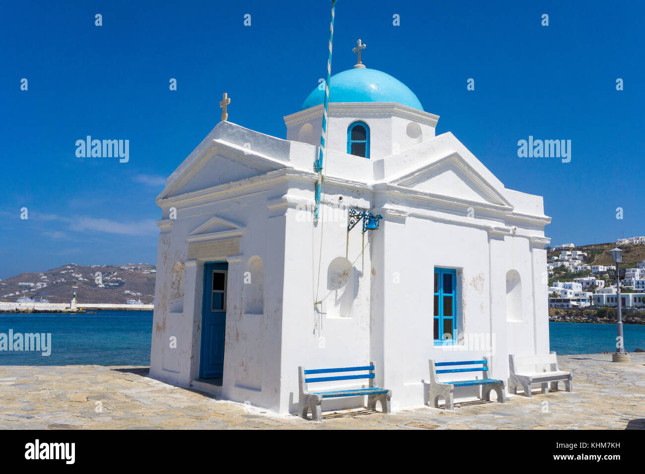 Piccola cappella ortodossa presso la spiaggia di Mykonos-town, MYKONOS Isola, Cicladi, Egeo, Grecia Foto Stock