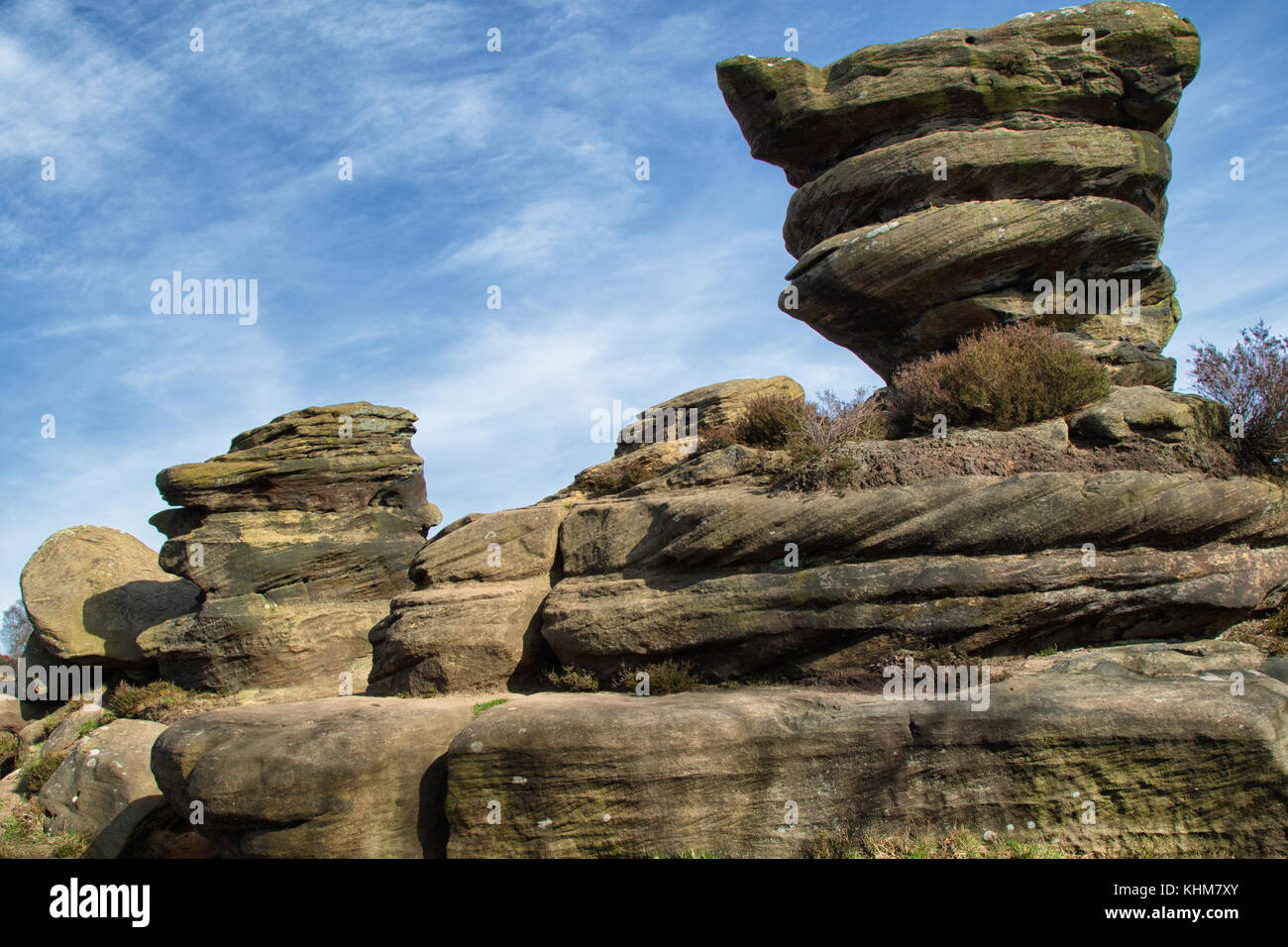 Brimham rocce naturali formazioni di roccia a summerbridge,harrogate,North Yorkshire, Inghilterra, Regno Unito. Foto Stock