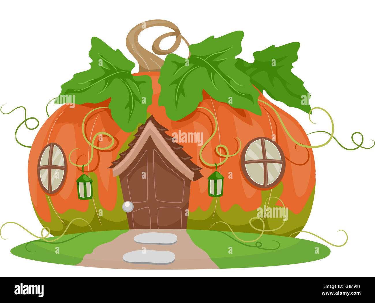 Colorata e fantasiosa illustrazione di una casa di fantasia conformata come una zucca Foto Stock