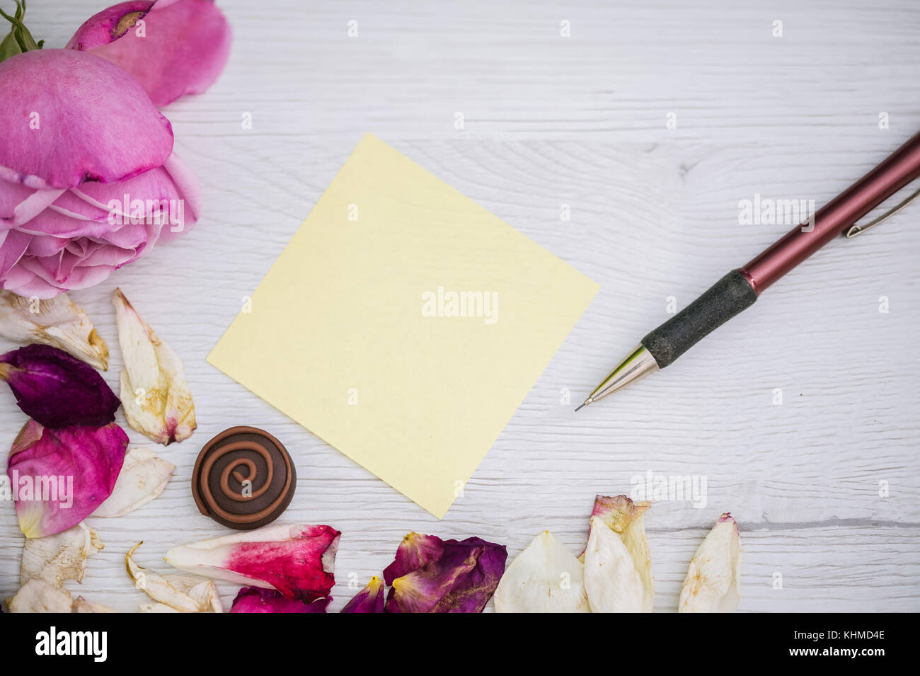 Rosa rosa, chcolate, petali e una matita su sfondo bianco Foto Stock
