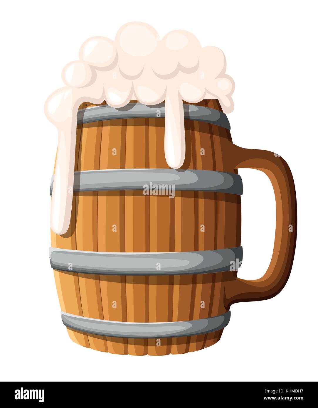 Illustrazione di legno boccale di birra isolato su sfondo di legno vecchio  bicchiere di birra lager o ale con schiuma. pub e bar menu di bevande  alcoliche, etichetta b Immagine e Vettoriale -