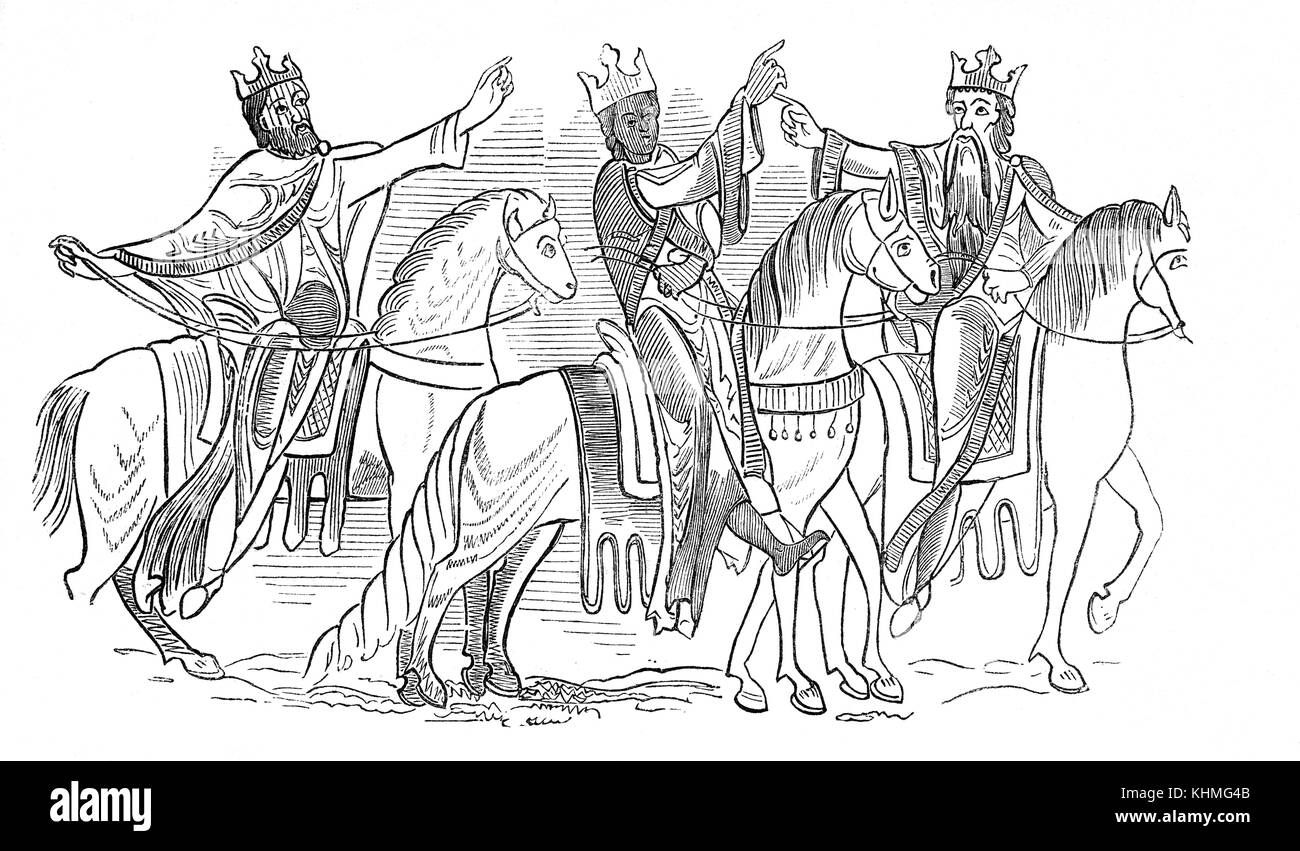 Le corone, costumi e attrezzature di equitazione di royalty anglosassone in 9 -10secolo in Inghilterra Foto Stock