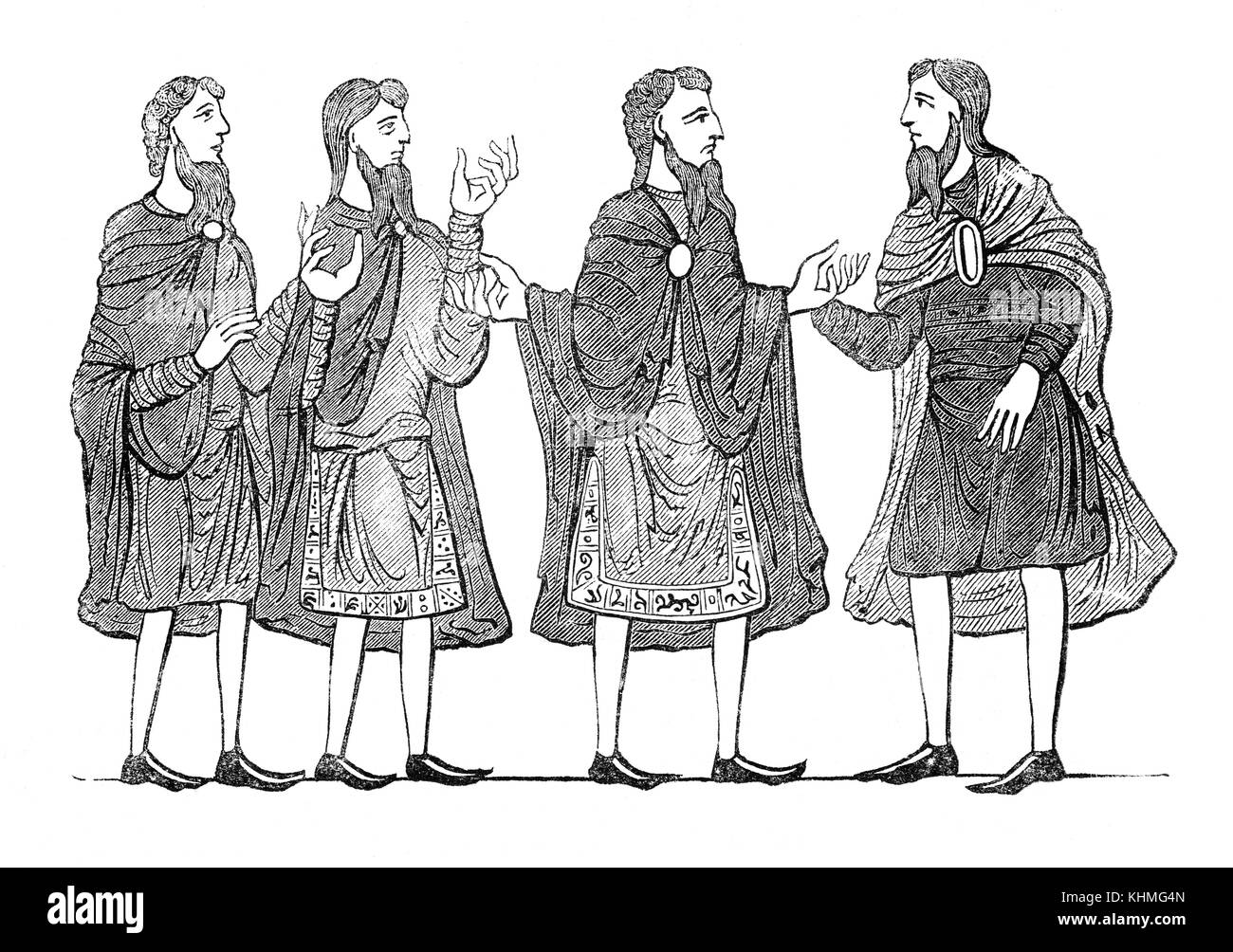 Mantelli, le tuniche e le scarpe che compongono ogni giorno abbigliamento sassone nel IX secolo in Inghilterra. Foto Stock