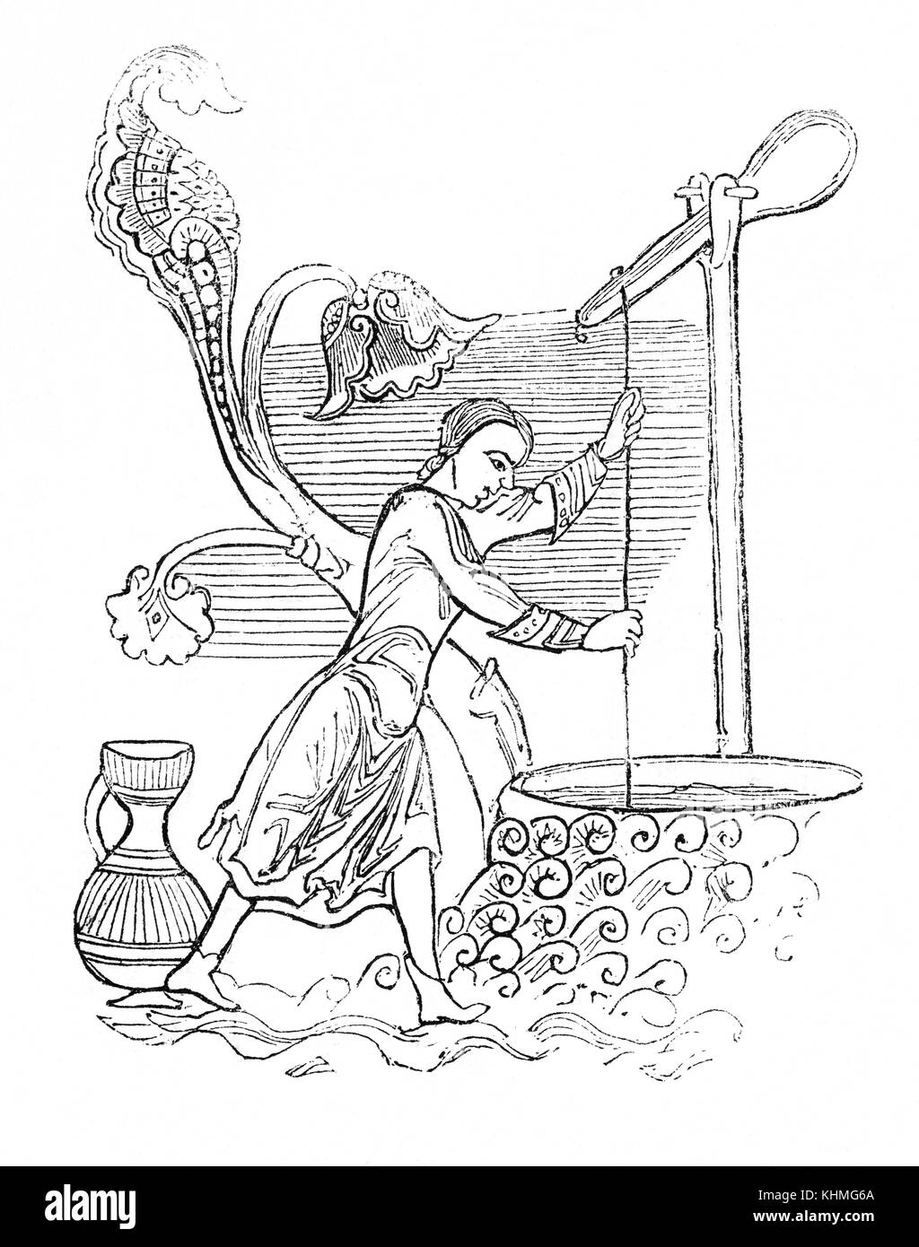 Utilizzo di basic anglo-Saxon tecnologia, una donna sollevamento acqua da un pozzo con una leva caricata nel IX secolo in Inghilterra Foto Stock