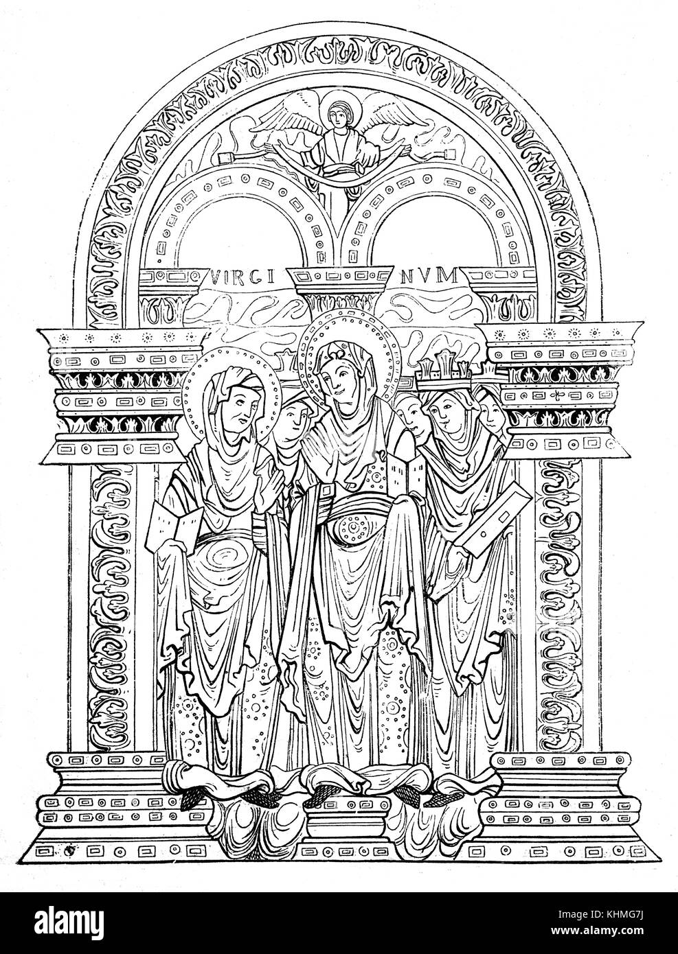 Una illustrazione delle monache dall'antica "Benedictional di vedere di Winchester' prodotta per volere della testa del vedere, Aethelwolda. Le Luminarie prelevata da un monaco di nome Godemann che più tardi divenne abate di Thorney. Decimo secolo anglo-Saxon Hampshire, Inghilterra Foto Stock