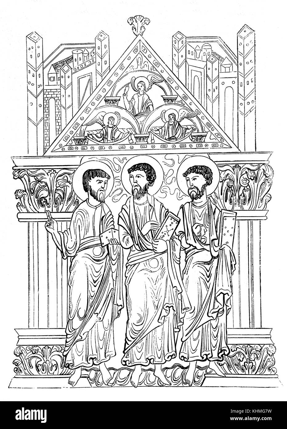 Una illustrazione dei santi dall'antica "Benedictional di vedere di Winchester' prodotta per volere della testa del vedere, Aethelwolda. Illuminazione da parte di un monaco chiamato Godemann che più tardi divenne abate di Thorney. Decimo secolo anglo-Saxon Hampshire, Inghilterra Foto Stock
