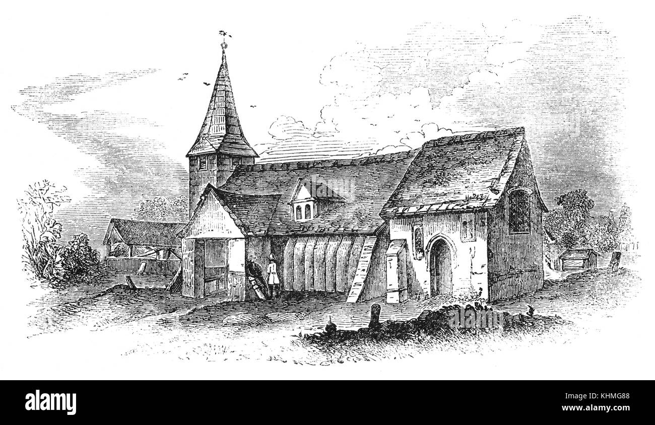 La navata della chiesa di Sant'Andrea, di solito chiamato Greensted Chiesa, nel piccolo villaggio di Greensted-affiancamento-Ongar, vicino a Chipping Ongar in Essex, Inghilterra, è costituito da grandi di rovere spaccato tronchi di albero che era un tradizionale modo sassone dell'edificio. Essa fu costruita intorno al 1000 ed è la più antica chiesa in legno del mondo. E probabilmente il più antico edificio di legno in Europa ancora in piedi, anche se solo in parte, poiché alcuni tratti della sua originale struttura in legno rimangono. Foto Stock