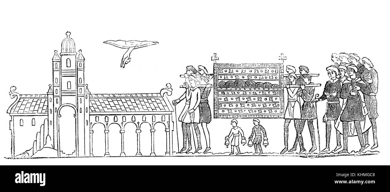 Il funerale di Edoardo il confessore il 5 gennaio 1066 presso l'Abbazia di Westminster, Londra dove la mano di Dio può essere visto puntando verso il duomo. Dall'Arazzo di Bayeux Foto Stock
