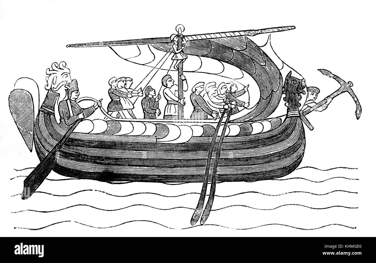 L arrivo di Harold Godwinson al largo della costa della Normandia in occasione di una visita nel 1064. Dall'Arazzo di Bayeux Foto Stock