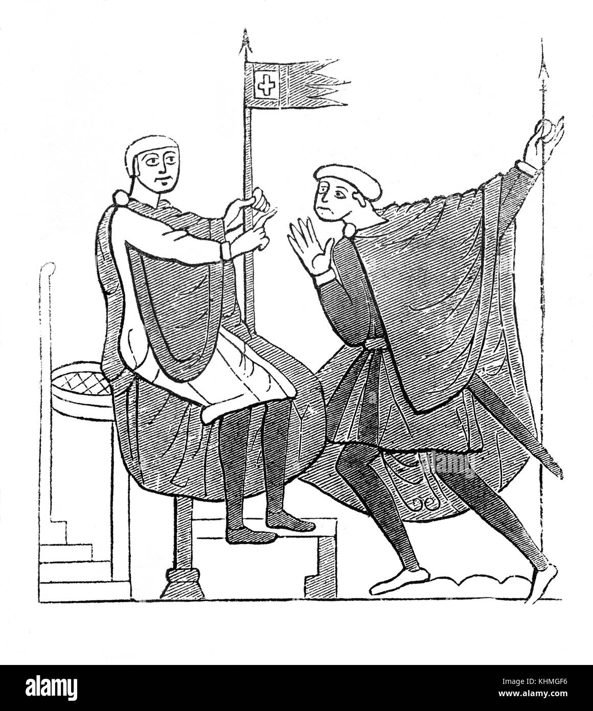 Invadere Norman soldati impostazione di camp a Hastings in seguito all'invasione dell'Inghilterra da Re Williiam nel 1066. Dall'Arazzo di Bayeux Foto Stock