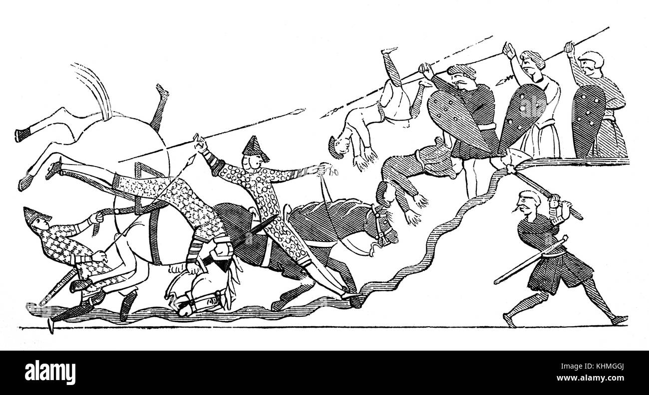 Una scena di lotta tra i Normanni di Re Williiam I e re di Harold Anglo Sassone dell esercito durante la Battaglia di Hastings in 1066. Dall'Arazzo di Bayeux Foto Stock