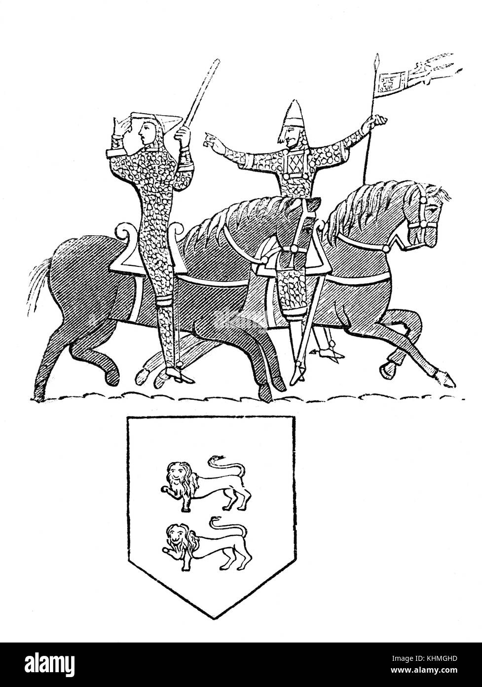 Re Guglielmo i e Tonstain portano la bandiera Consacrata alla Battaglia di Hastings. 1066. Dagli arazzi di Bayeux Foto Stock