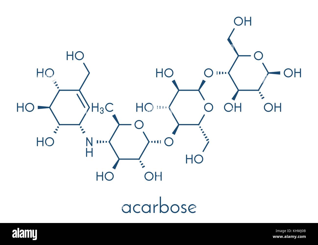 Acarbose diabete molecola di farmaco. blocchi la digestione dei carboidrati mediante inibizione di alfa-glucosidasi enzimi formula scheletrico. Illustrazione Vettoriale