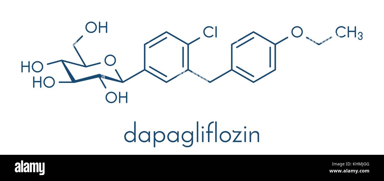 Diabete dapagliflozin molecola di farmaco. inibitore di sodio-glucosio proteine di trasporto sottotipo 2 (sglt2). formula scheletrico. Illustrazione Vettoriale