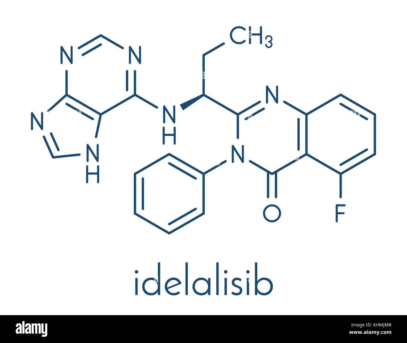 Leucemia idelalisib molecola di farmaco. inibitore della phosphoinositide 3-chinasi (PI3K). formula scheletrico. Illustrazione Vettoriale
