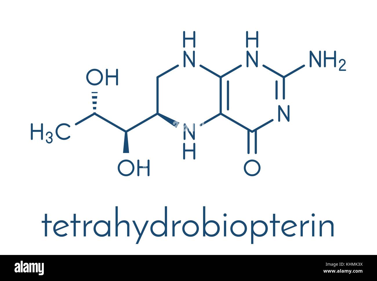 Tetraidrobiopterina (sapropterin) fenilchetonuria molecola di farmaco. cofattore di un certo numero di amminoacidi aromatici enzimi idrossilasi. formula scheletrico. Illustrazione Vettoriale