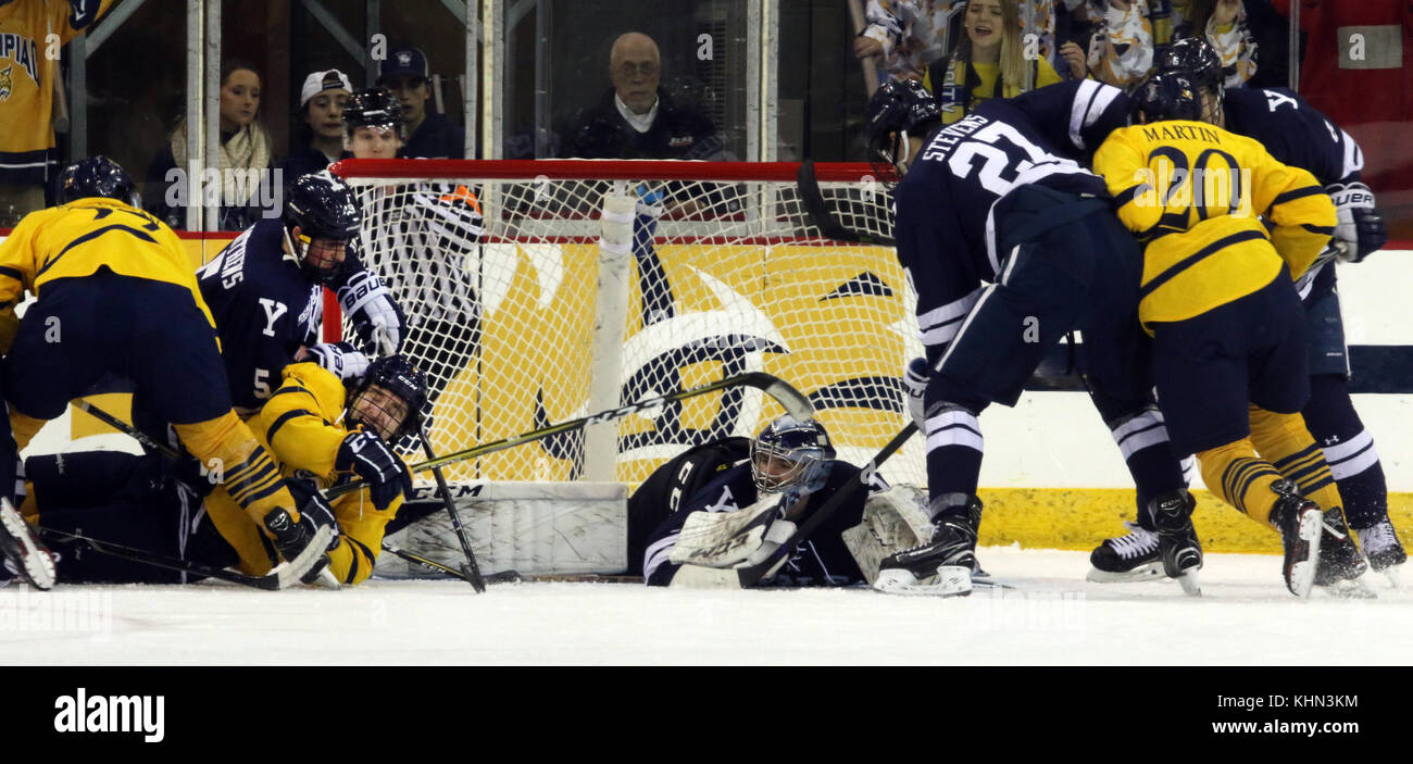 Hamden, nel Connecticut, Stati Uniti d'America. Xviii Nov, 2017. Novembre 18, 2017 - Hamden, nel Connecticut - Yale goaltender #1 SAM TUCKER si ritrova nel bel mezzo di una mischia e prevets un cliente durante il primo periodo di16th eroi annuale Hat gioco in onore di coloro che hanno rischiato o perso la vita in attentati terroristici sul Sett. 11, 2001. Quinnipiac è andato a vincere 3-0. Credito: Stan Godlewski/ZUMA filo/Alamy Live News Foto Stock