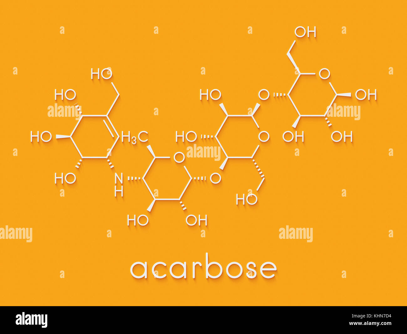 Acarbose diabete molecola di farmaco. blocchi la digestione dei carboidrati mediante inibizione di alfa-glucosidasi enzimi formula scheletrico. Foto Stock