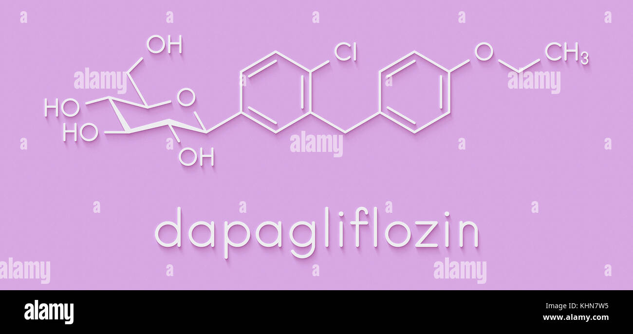 Diabete dapagliflozin molecola di farmaco. inibitore di sodio-glucosio proteine di trasporto sottotipo 2 (sglt2). formula scheletrico. Foto Stock
