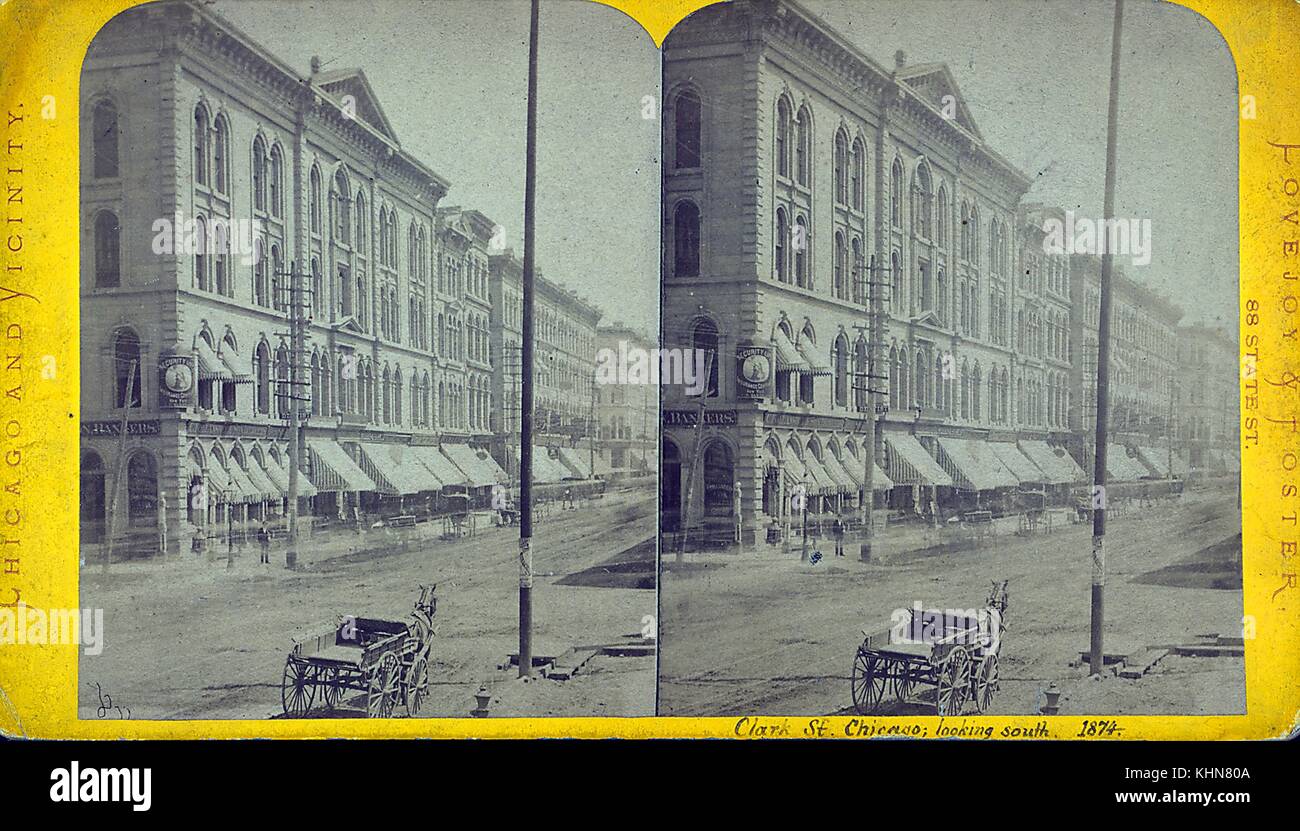 Clark Street, guardando verso sud, Chicago, Illinois, 1874. dalla biblioteca pubblica di new york. Foto Stock