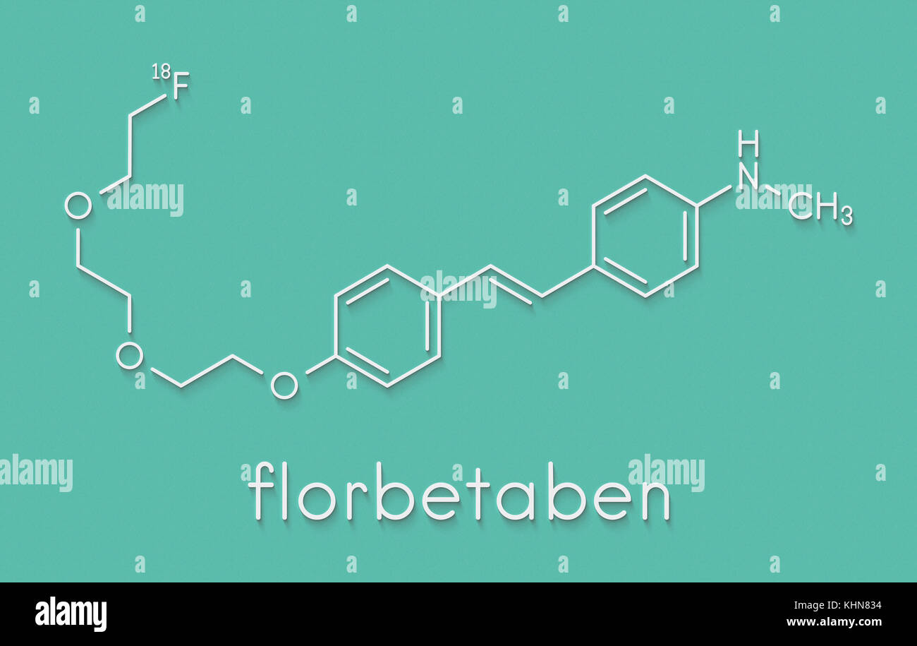 Radiofarmaco florbetaben molecola. utilizzata per l'imaging di delle placche beta-amiloidi nel morbo di Alzheimer dal pet. formula scheletrico. Foto Stock