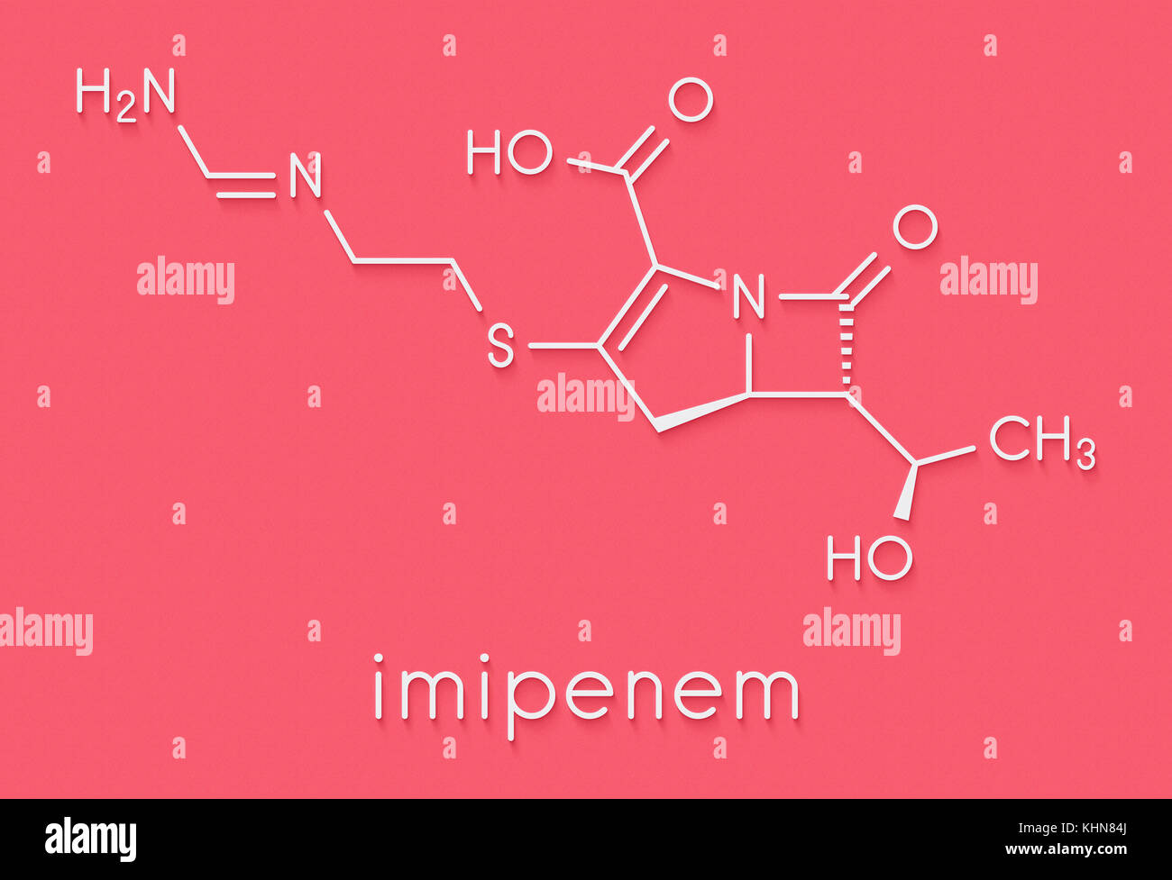 L'imipenem farmaci antibiotici molecola. appartiene alla classe carbapenemici. formula scheletrico. Foto Stock