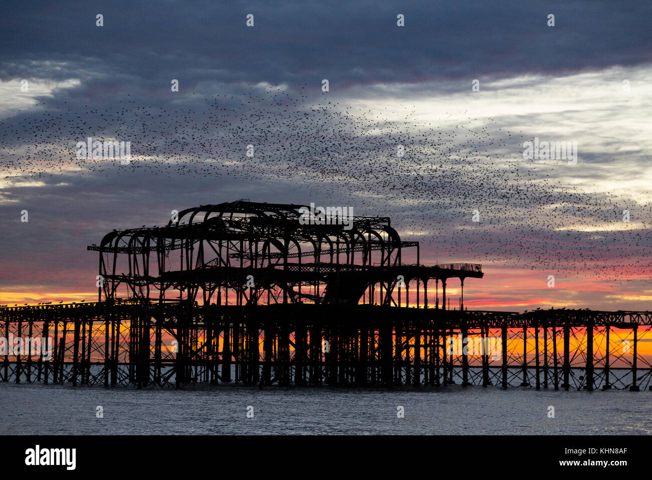 Brighton, Regno Unito. Starling murmurations al tramonto su Brighton West abbandonati Pier. Foto Stock