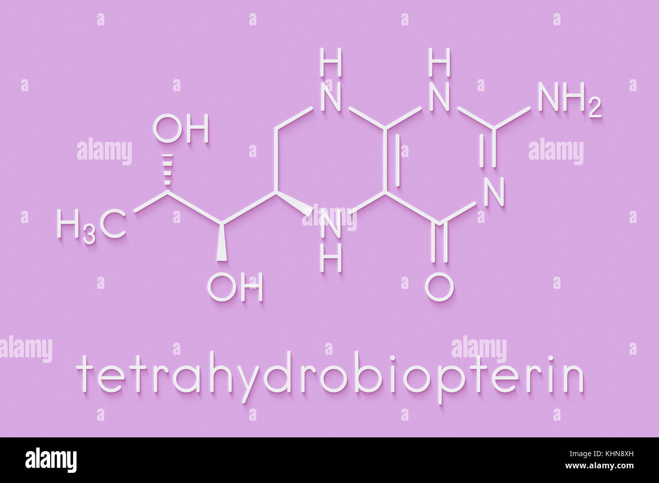 Tetraidrobiopterina (sapropterin) fenilchetonuria molecola di farmaco. cofattore di un certo numero di amminoacidi aromatici enzimi idrossilasi. formula scheletrico. Foto Stock