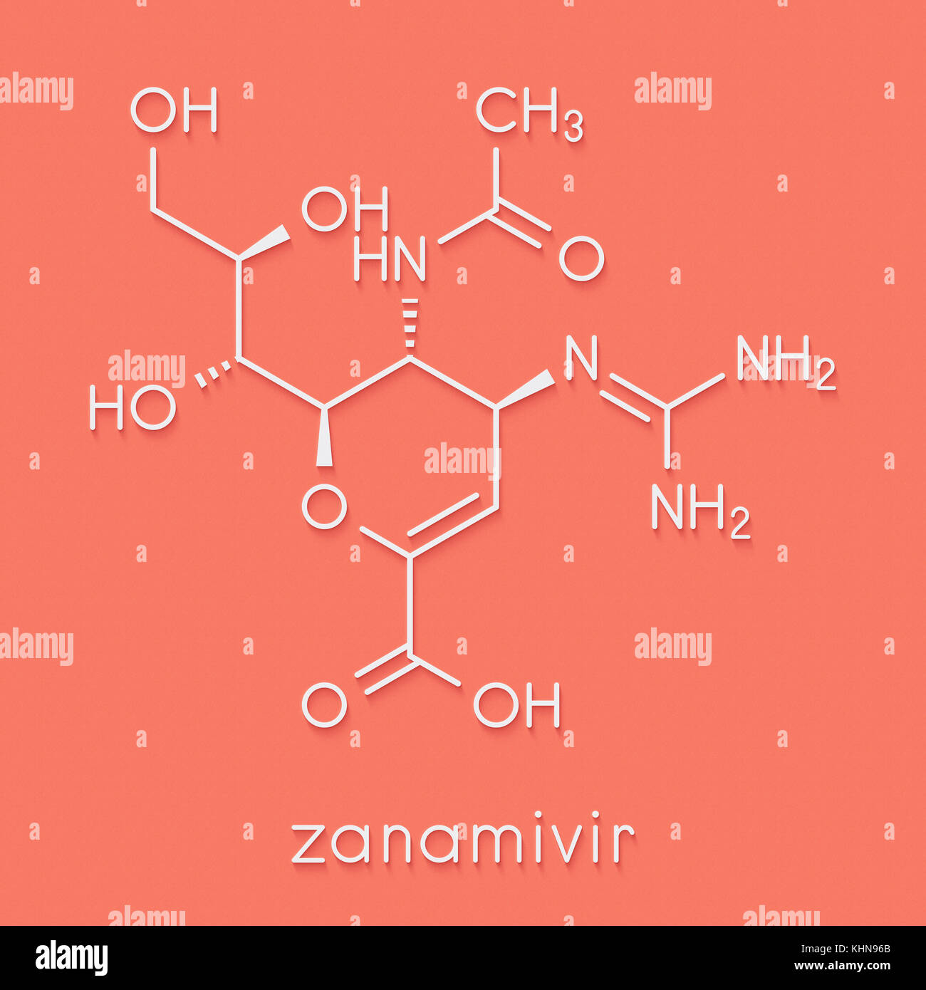 Zanamivir virus influenzali di farmaco di trattamento molecola di formula scheletrico. Foto Stock