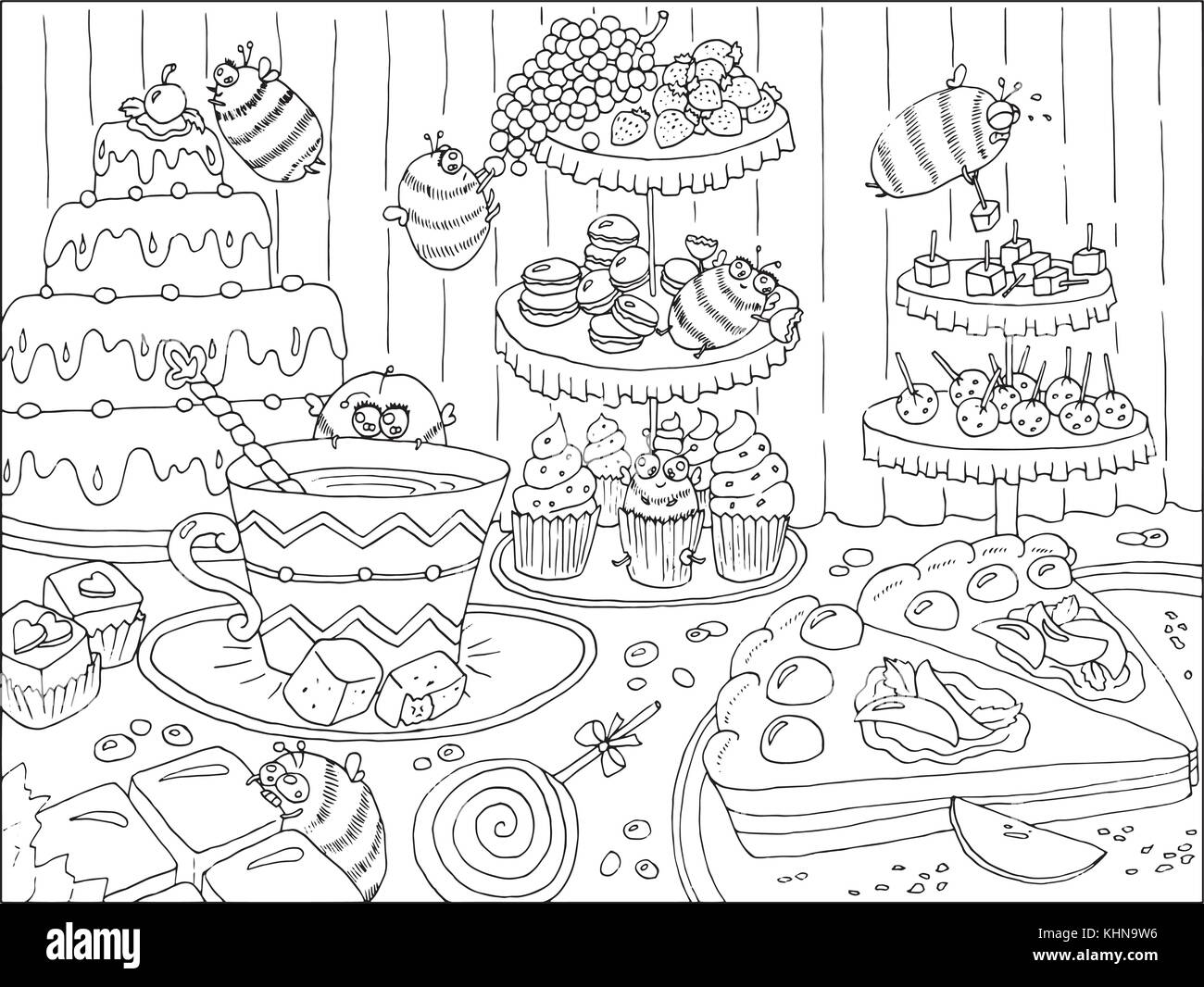 Disegno bianco e nero con api e dolci divertenti Illustrazione Vettoriale