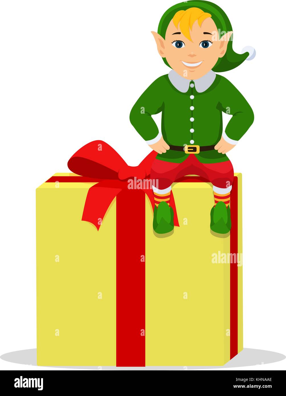 Vector Cartoon carino elf seduto su una scatola regalo con Illustrazione Vettoriale