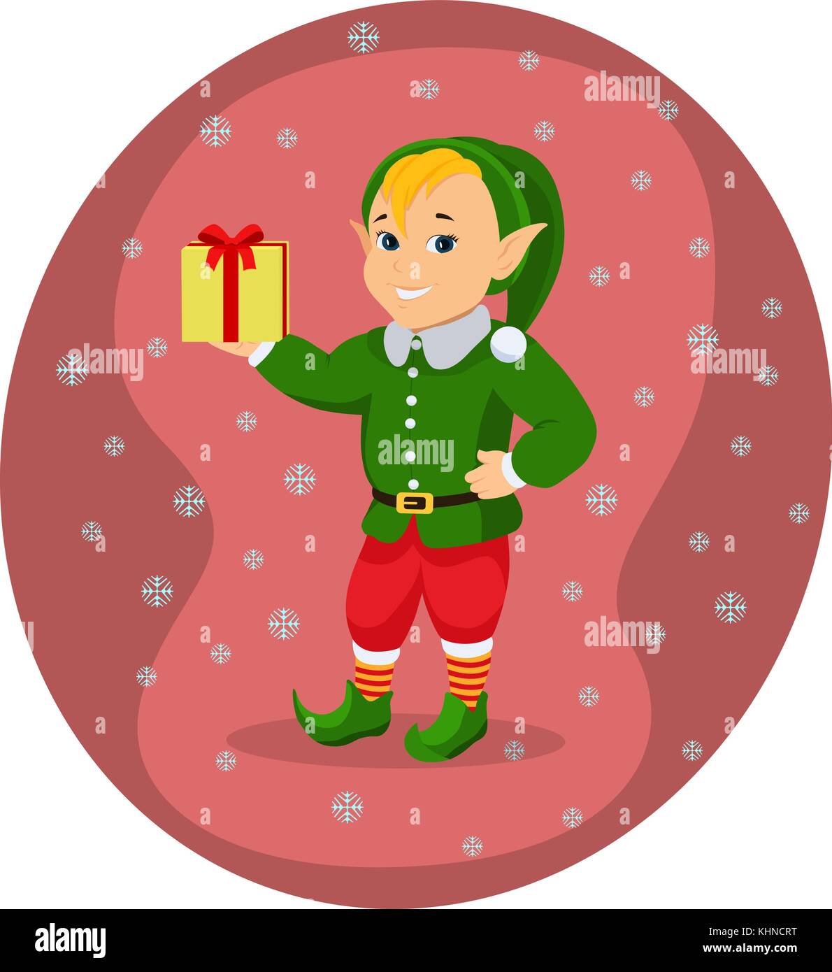 Vector Cartoon carino elf natale con confezione regalo Illustrazione Vettoriale
