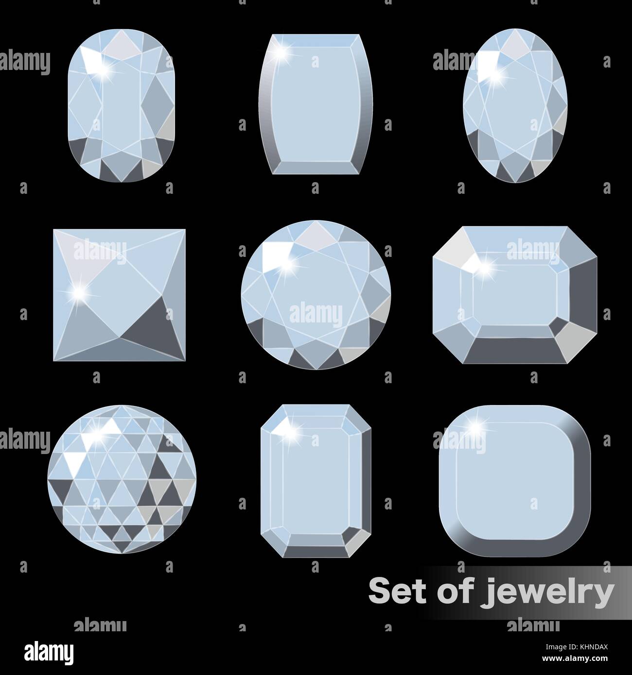 Set di gemme di colore bianco diamante di varie forme. Illustrazione Vettoriale