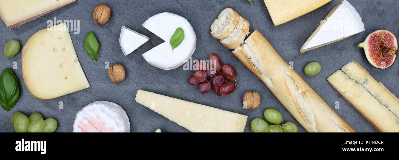 Scheda formaggio piastra piatto il pane svizzero camembert banner superiore ardesia vista da sopra Foto Stock Scheda formaggio piastra piatto il pane svizzero camembert banner superiore ardesia vista da sopra Foto Stock