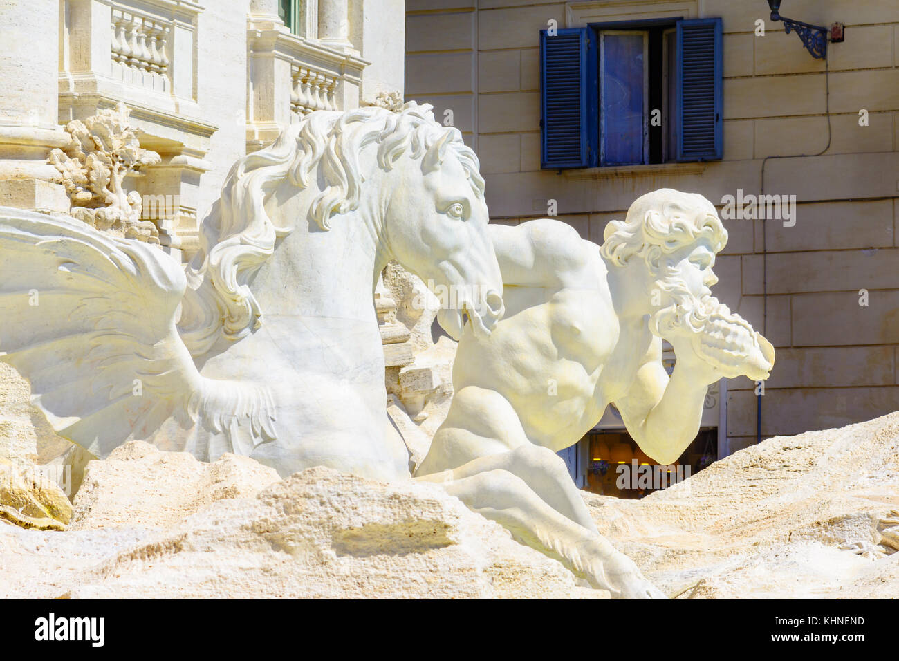 Dettagli architettonici di Fontana di Trevi , Fontana di Trevi, una fontana nel rione Trevi a Roma, Italia, la più grande fontana barocca della città. Foto Stock