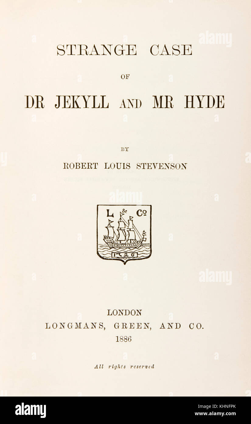 Pagina del titolo dalla prima edizione dell' strano caso del dottor Jekyll e Mr Hyde' di Robert Louis Stevenson (1850-1894) pubblicato da Longmans, verde e Co, Londra nel 1886. Vedere ulteriori informazioni qui di seguito. Foto Stock