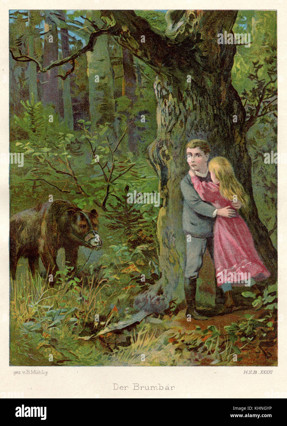Ragazzo e ragazza sono sorpresi da un orso bruno con museruola. Didascalia dell'originale: 'The Brumbär' (Junge und Mädchen werden von einem Braunbären mit Maulkorb überrascht. Bildunterschrift des Originals: 'Der Brumbär') Foto Stock