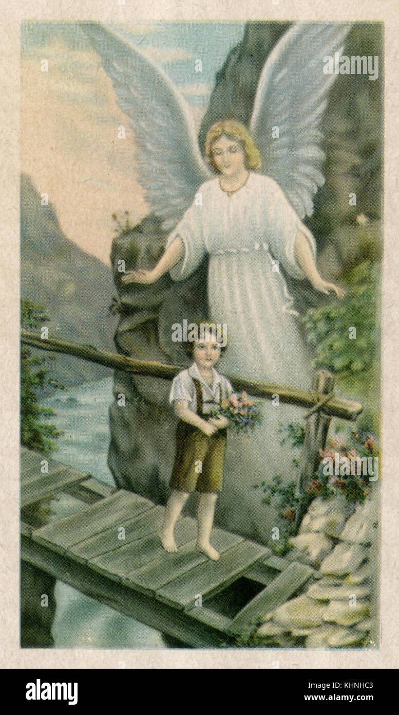 Angelo custode aiuta un bambino attraverso un ponte dilapido (Schutzengel hilft tipo über eine baufällige Brücke) Foto Stock