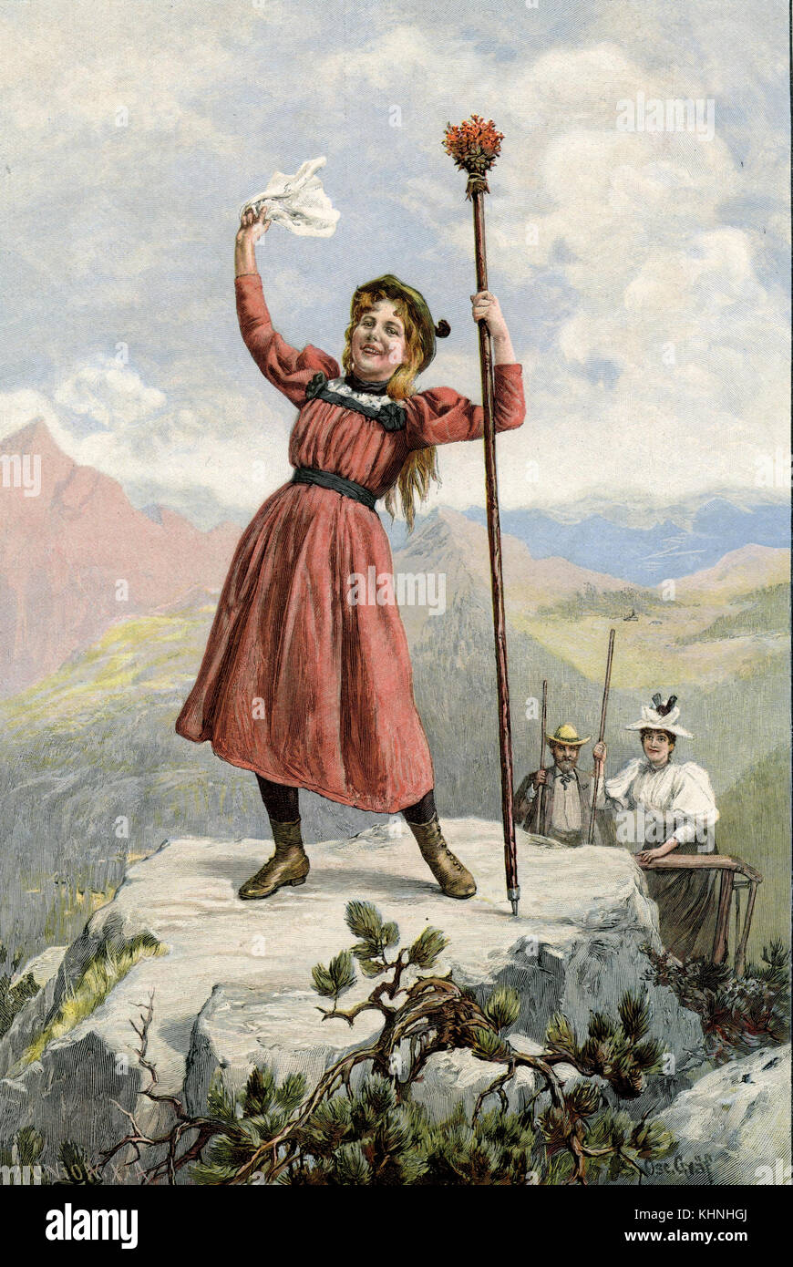 Giovane donna raggiunge trionfalmente la cima della montagna (Junge Frau erreicht triumphierend die Bergspitze) Foto Stock