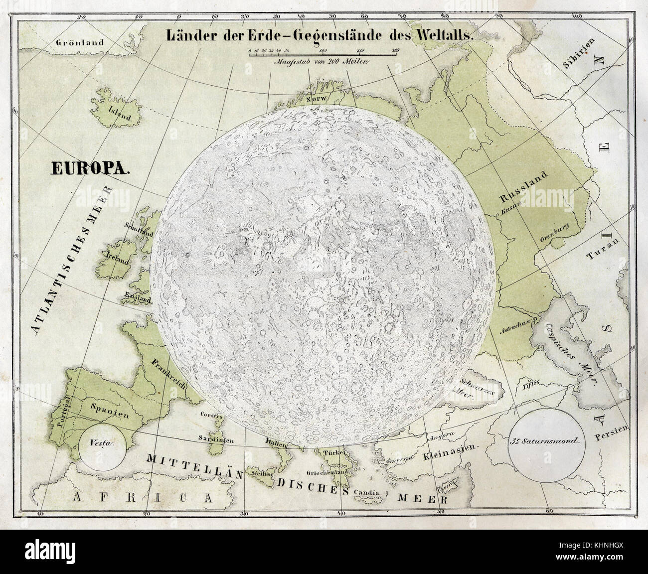 Luna, proiettata sulla mappa del mondo (Mond, projiziert auf die Weltkarte) Foto Stock