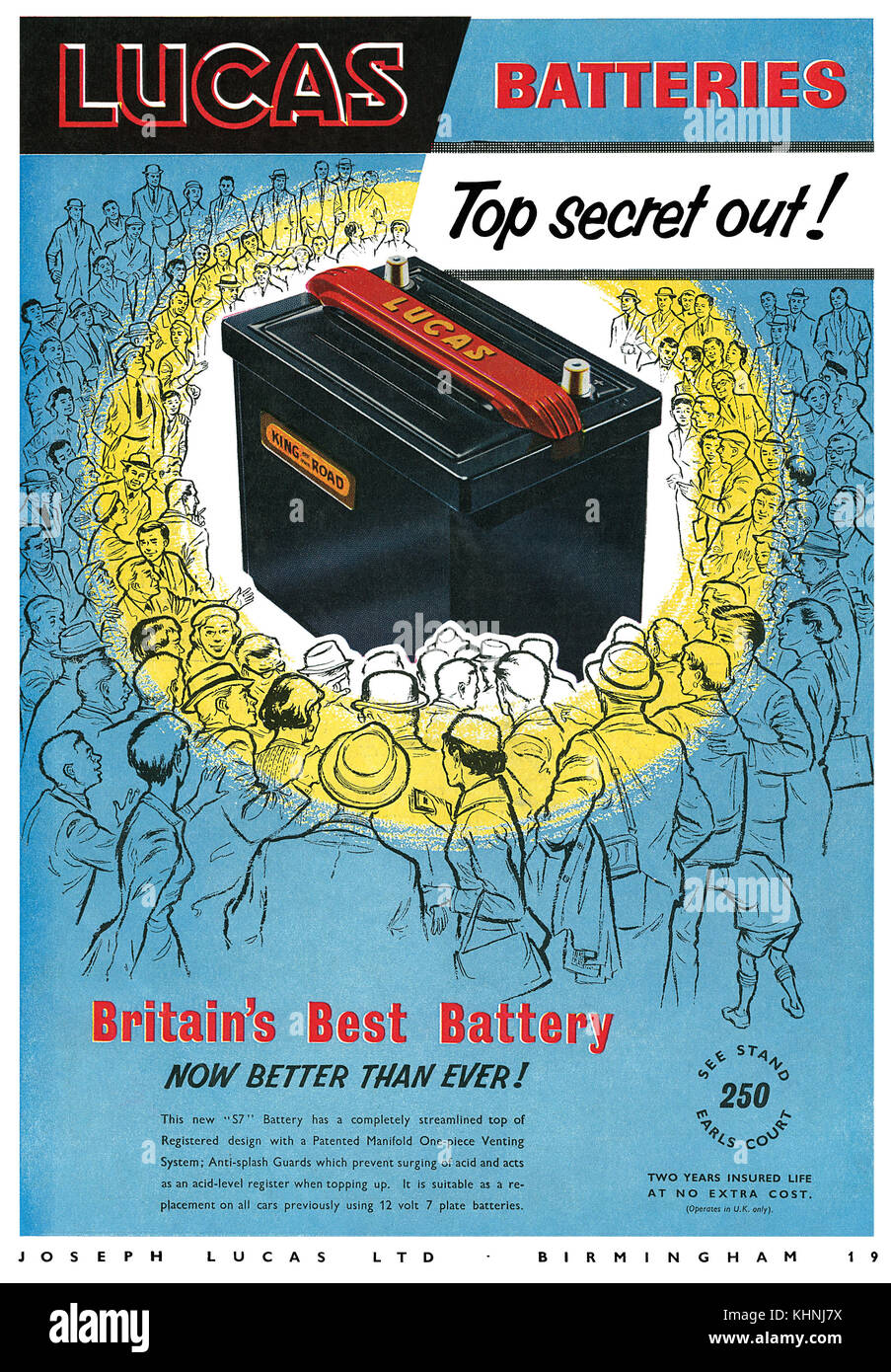 1958 British pubblicità per Lucas batterie per auto. Foto Stock