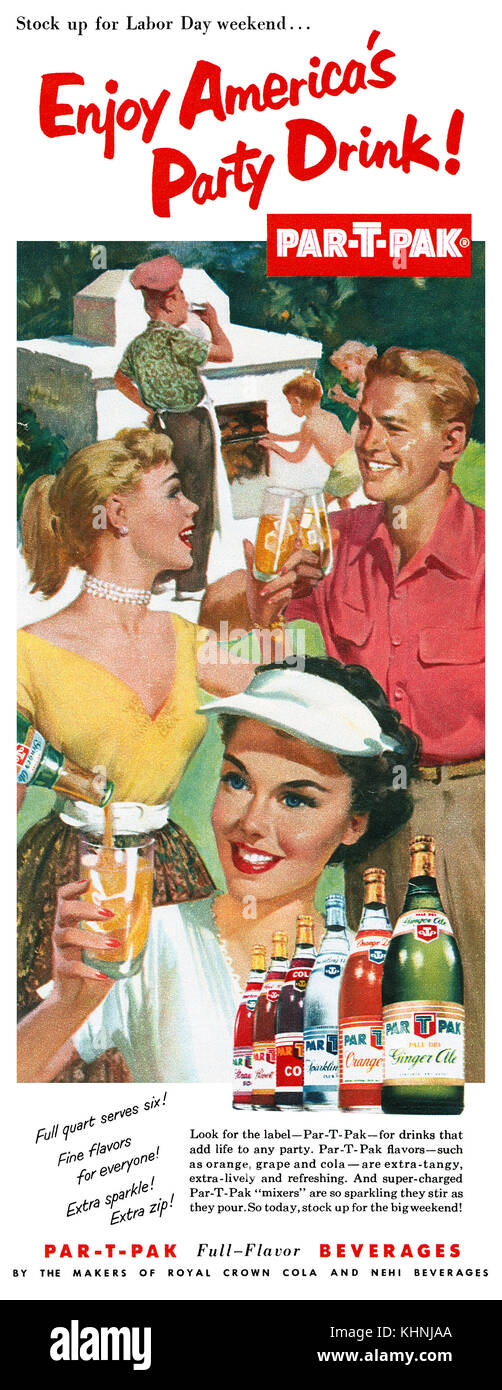 1952 pubblicità negli Stati Uniti per i par-T-Pak soft drinks. Foto Stock