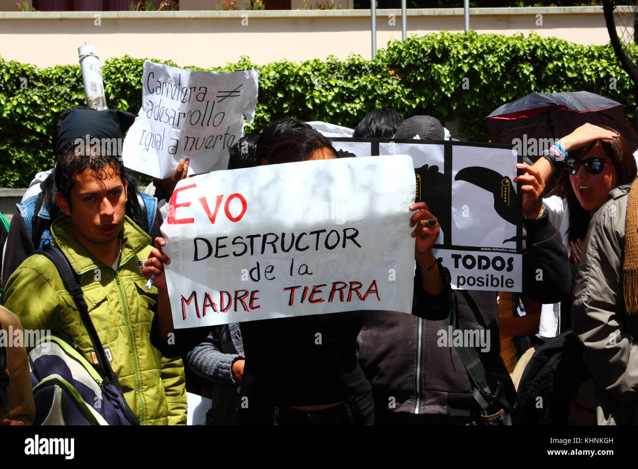 I manifestanti che protestavano contro governemt piani per la costruzione di una strada attraverso la regione TIPNIS, La Paz, Bolivia Foto Stock