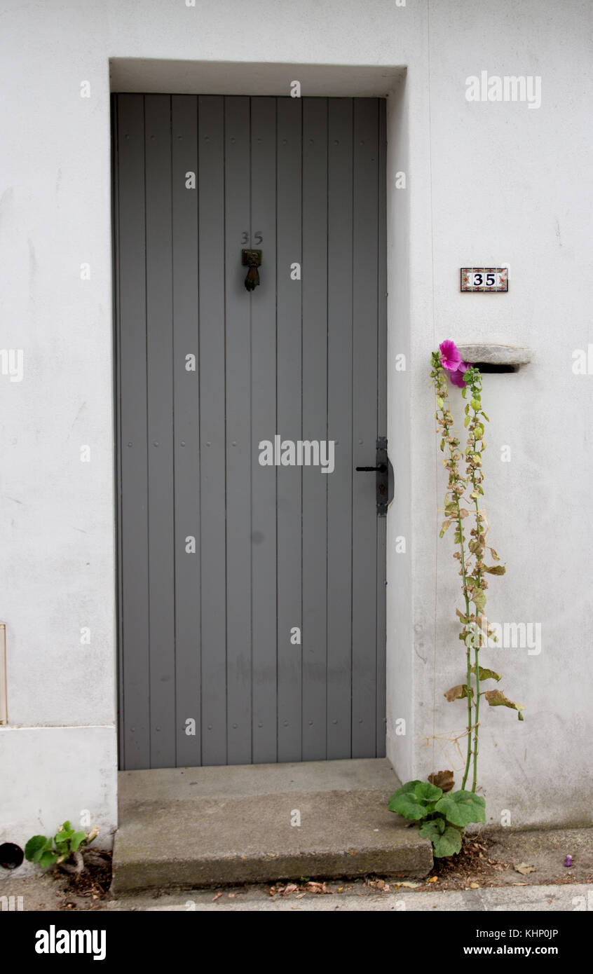 Loix, hollyhock e lo sportello anteriore Foto Stock