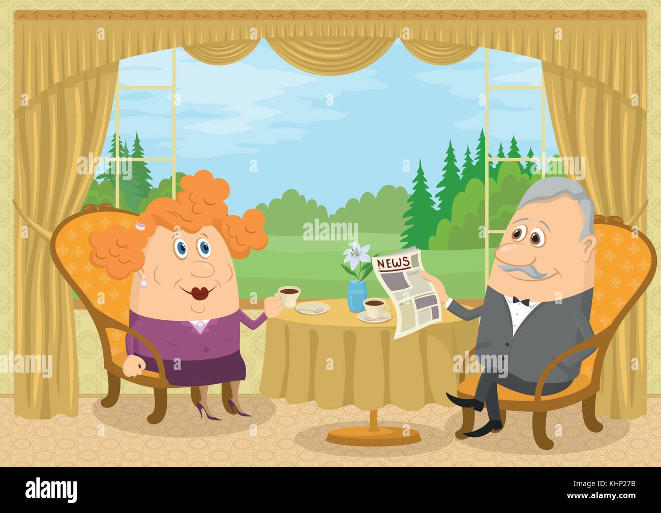 Il vecchio gentleman e lady di bere il caffè Illustrazione Vettoriale