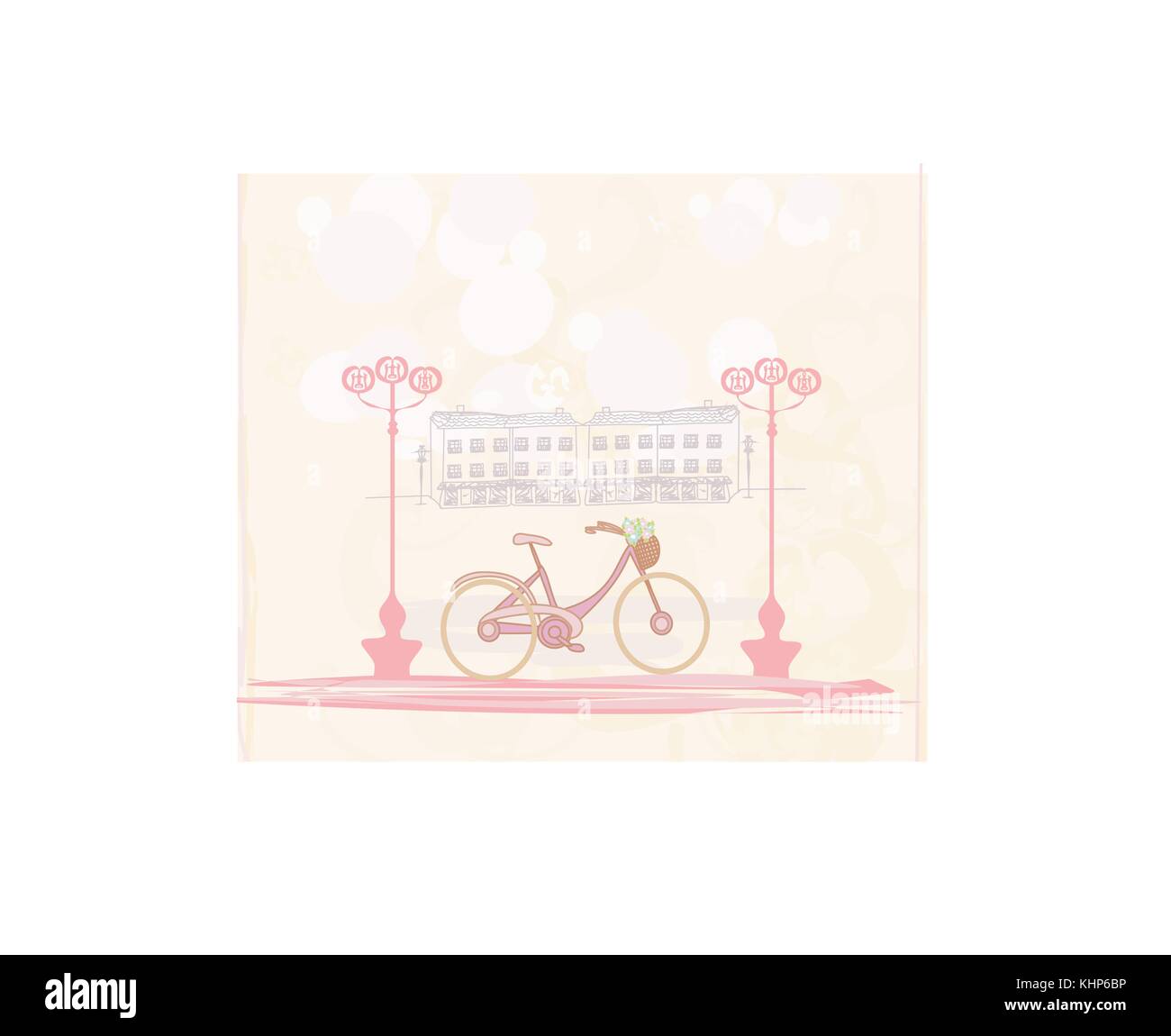 Rosa bicicletta retrò con fiori sulla città - scheda Illustrazione Vettoriale