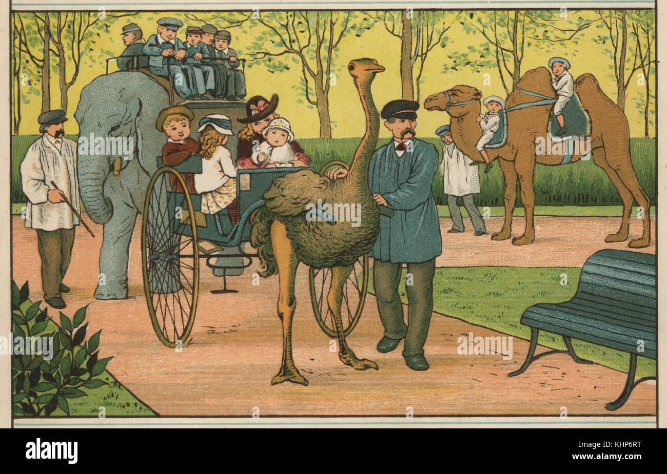 Bambini equitazione sulla Mumbo l'elefante nel Jardin d'Acclimatation, Lac du Jardin a Porte Maillot e Paris. Altri cavalcare un cammello dromedario e struzzo. Color woodblock dopo una illustrazione di Thomas gru ed Ellen Houghton dall'estero, Marcus Ward, Londra, 1882. Foto Stock