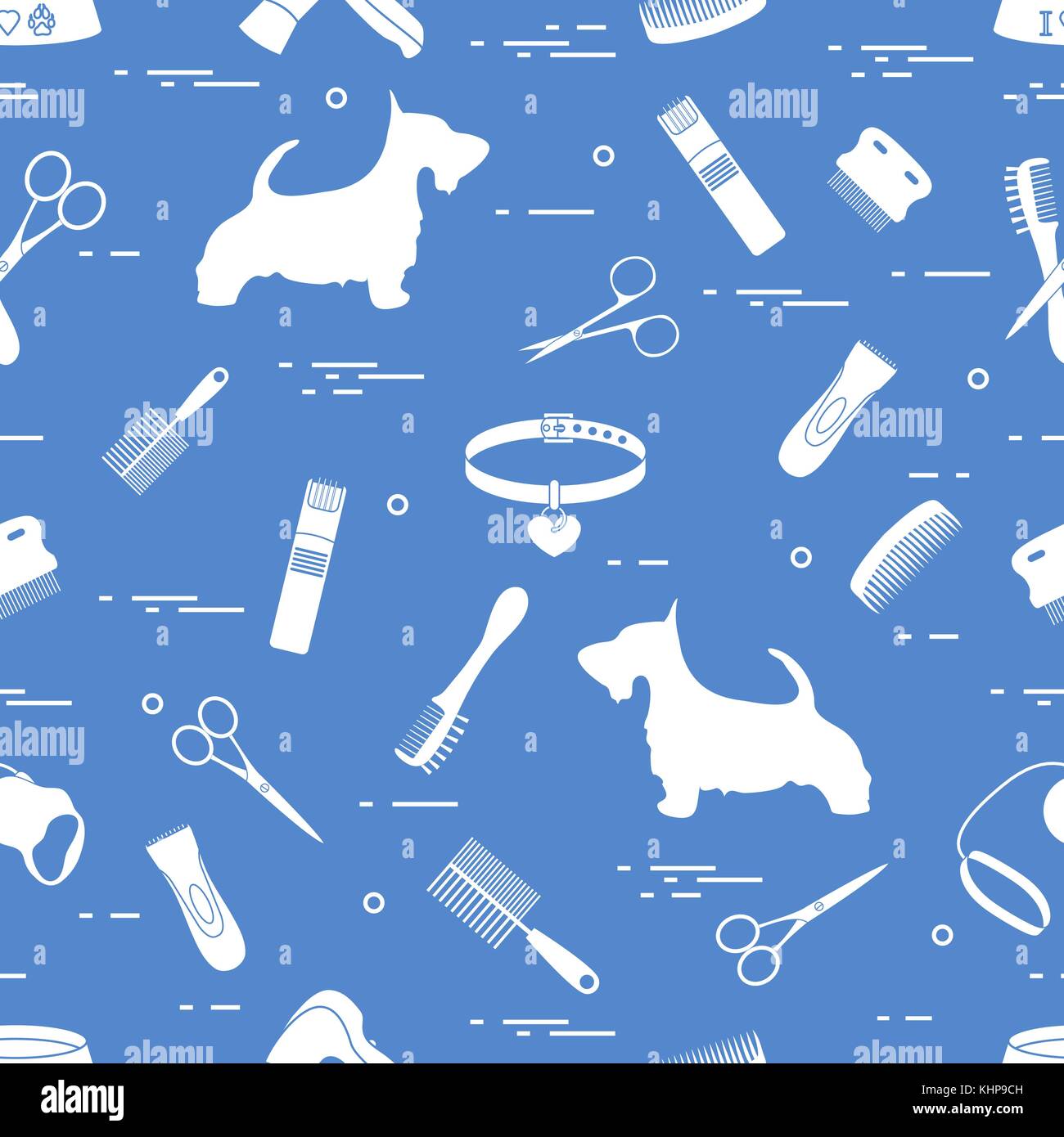 Modello con il cane, pettini, collare, guinzaglio, rasoio, asciugacapelli, ciotola, forbici. health care, toelettatura, prendersi cura di un cane, mostra. Illustrazione Vettoriale